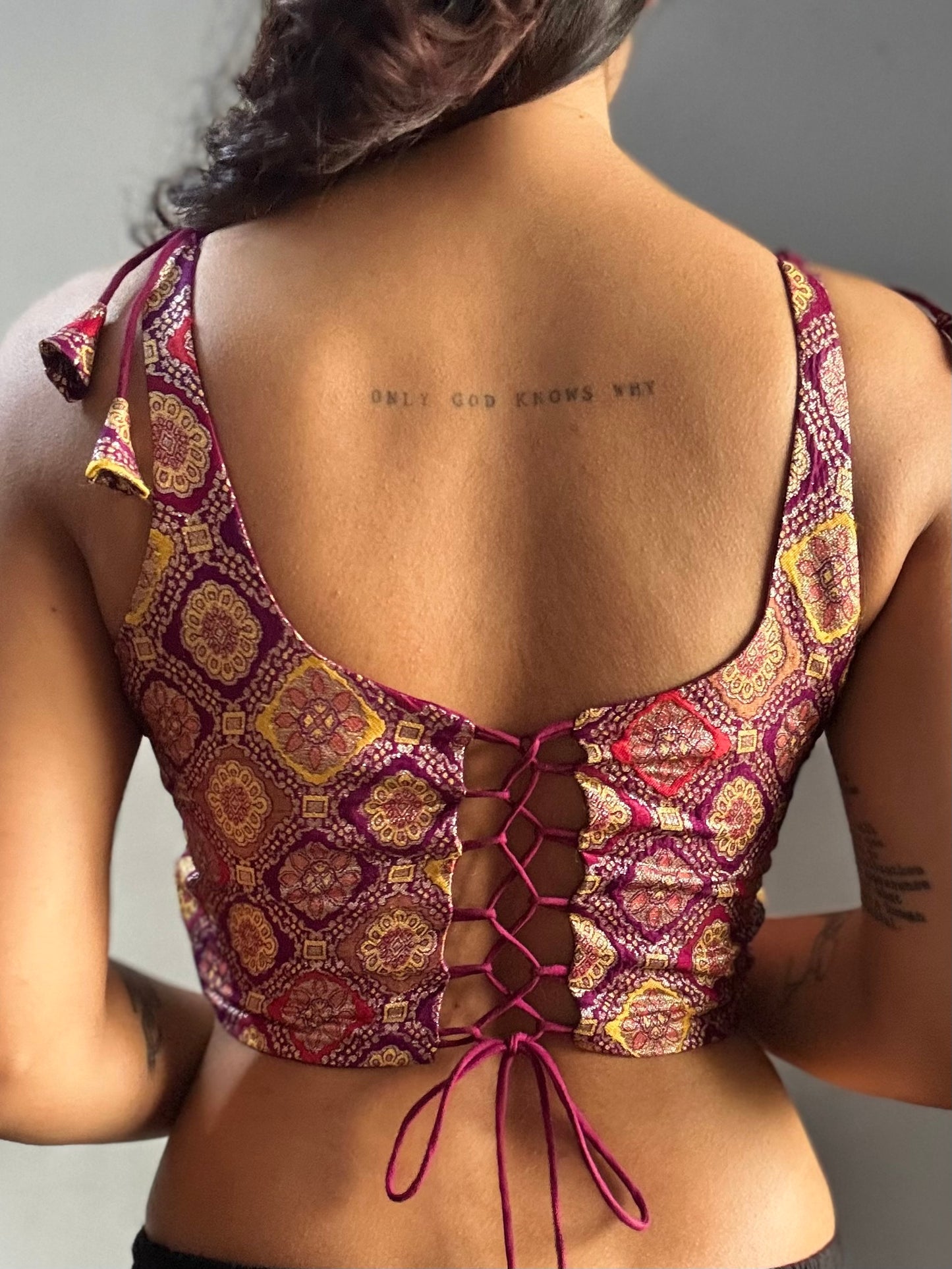 Pink Banarasi corset top back knot 