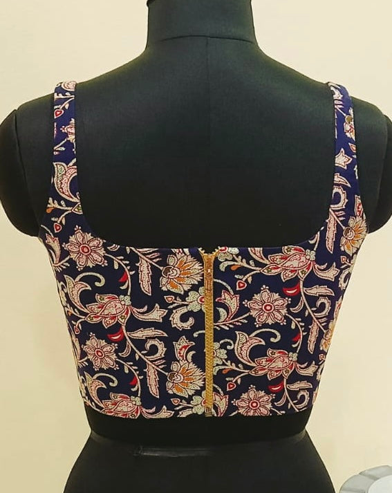 Blue Floral Back Zip Banarasi Corset