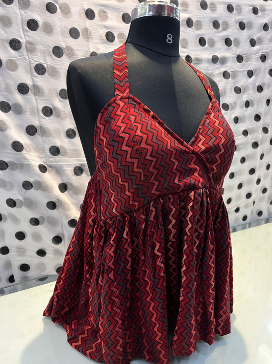 Maroonish Red Halter Ajrakh Top