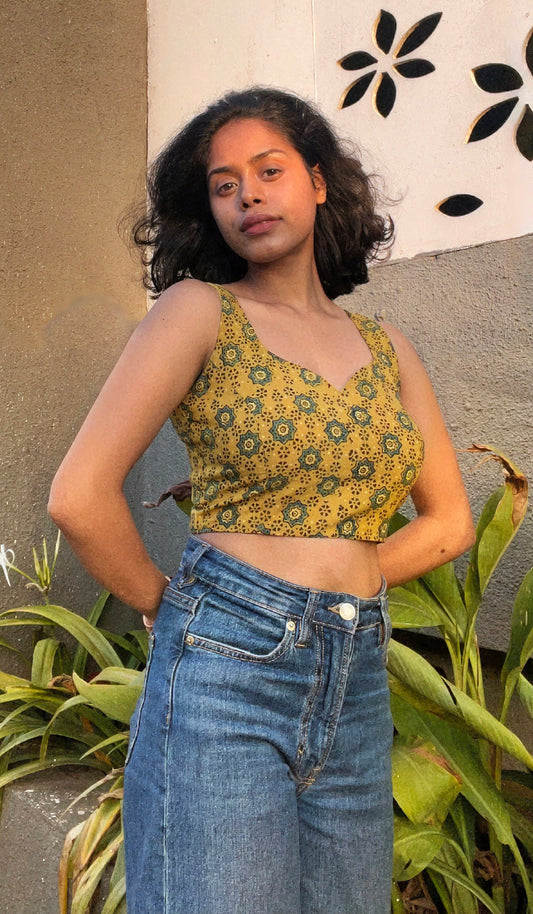 Yellow Leaf Neck Ajrakh Crop Top